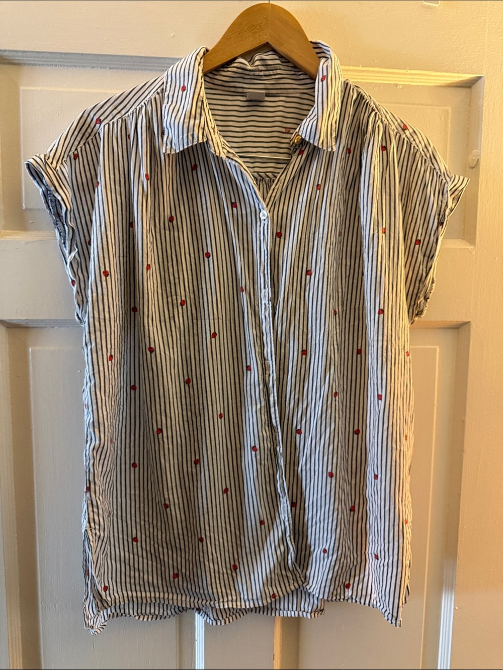 Old Navy Navy and White Striped Shirt with Small Red Strawberry Details